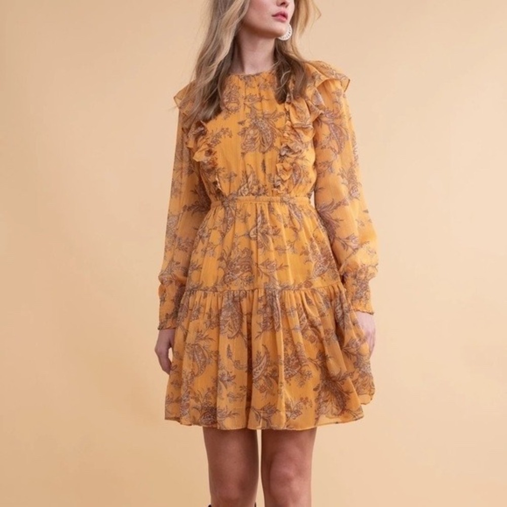 Rachel Parcell Mustard Yellow Paisley Metallic Ruffle Tiered Mini Dress Large